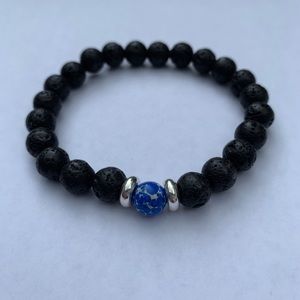 Black Lava Stone Blue Marble bead Bracelet Silver